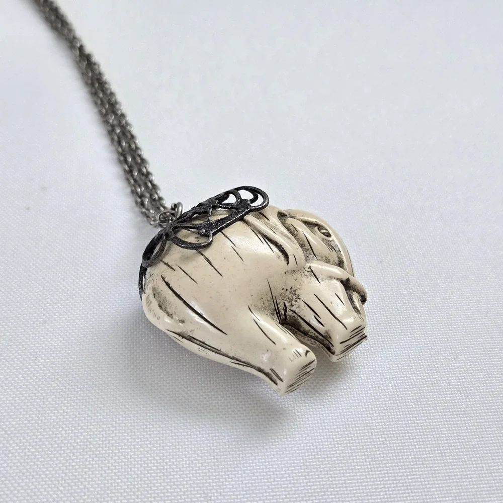 Vintage Elephant Necklace Carved Celluloid Pendant Silvertone Chain Classic Boho
